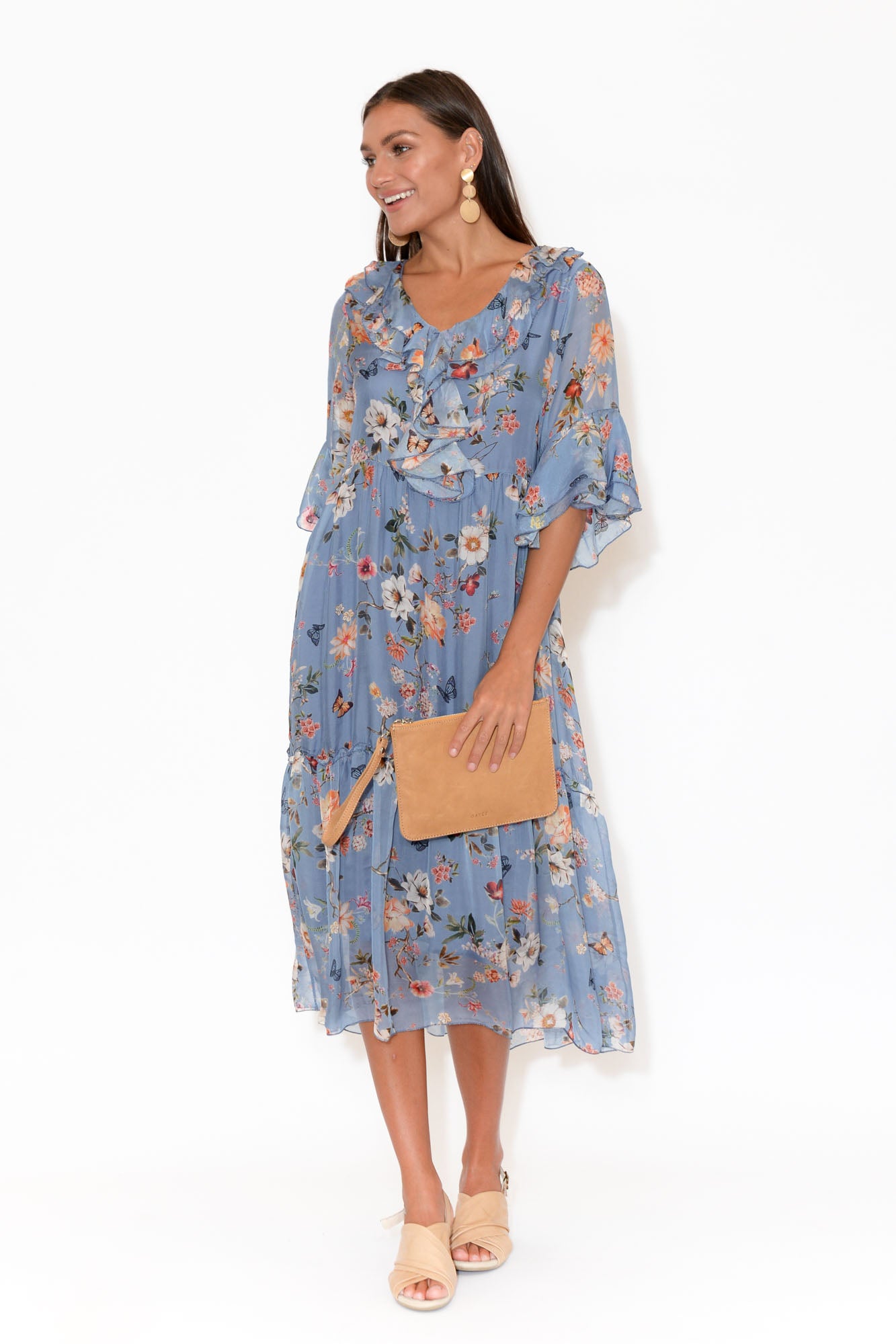 Adeline Blue Floral Silk Dress – Blue ...